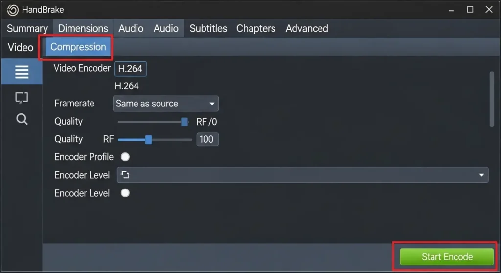 Handbrakeで高効率な圧縮設定を行っている様子。