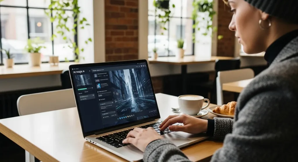 カフェでAI搭載ノートPCを使用して作業するクリエイター