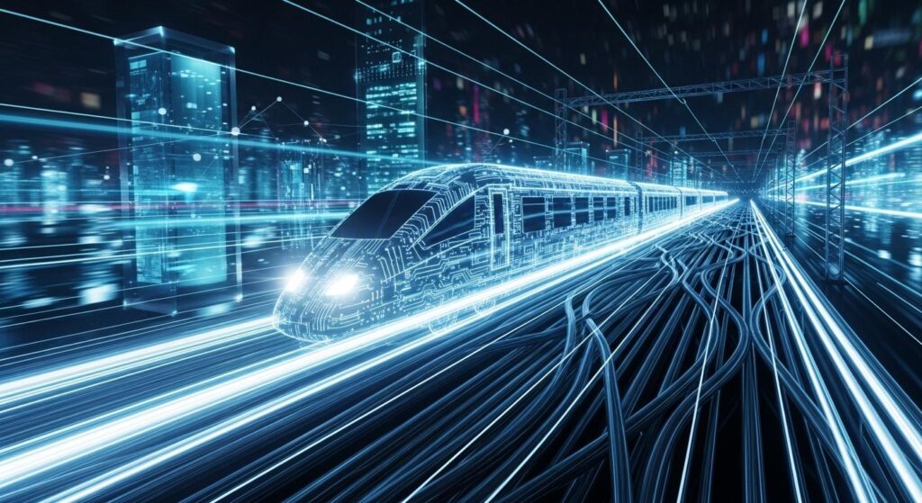 光ファイバーの線路を走る高速デジタル列車