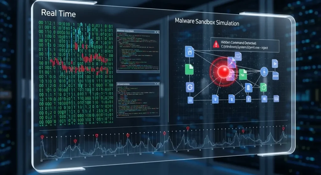 バイナリコードの解析とマルウェアのサンドボックス実行シミュレーションを表示するハイテクな監視画面