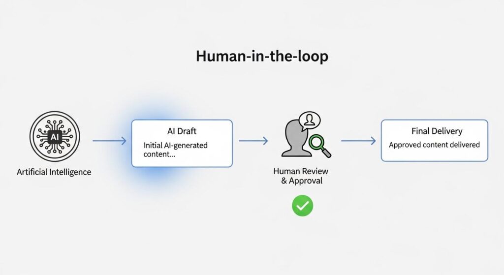 AIが生成した下書きを人間の専門家がレビュー・承認して最終成果物にするワークフロー図