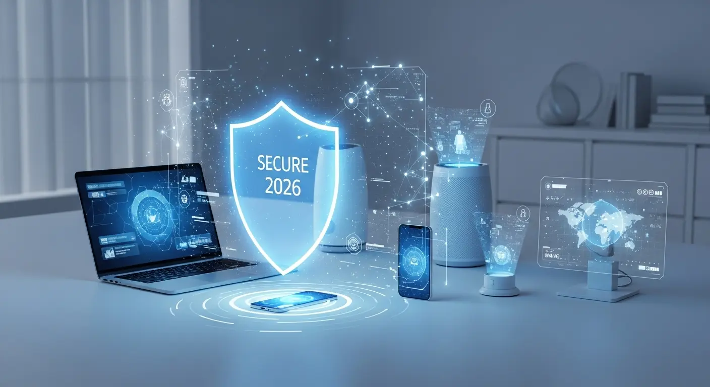 2026年の最新ネットセキュリティ対策をイメージした保護シールドとデジタルデバイス