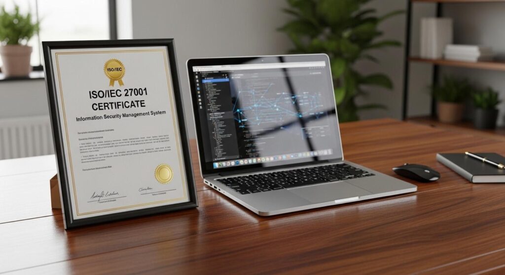 ISO 27001認証書とPCのイメージ