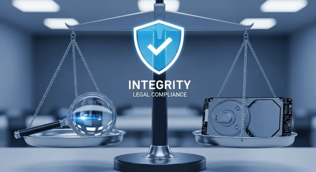 magnifying glass、ハードドライブ、裁判の天秤を組み合わせたデジタル証拠の法的有効性のシンボル