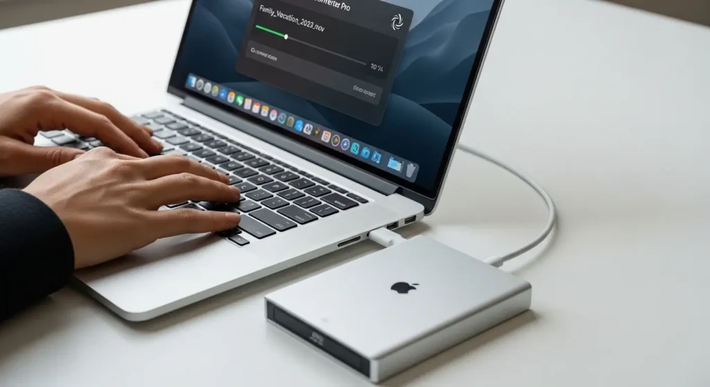 Macで外付けドライブを使用してDVDをリッピングする様子