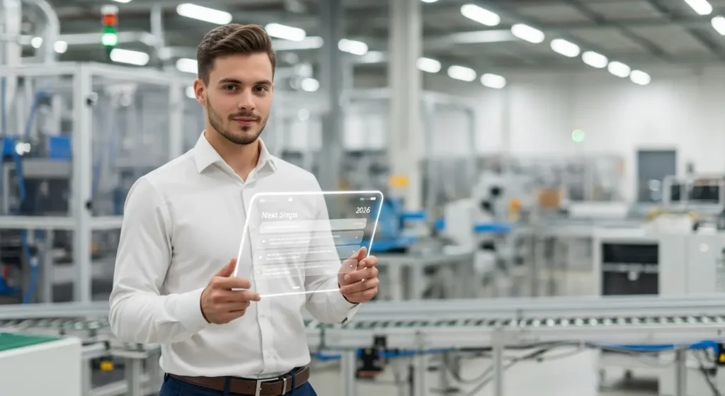 製造現場でAIタブレットを活用し、次回の商談準備を行う若手営業担当者
