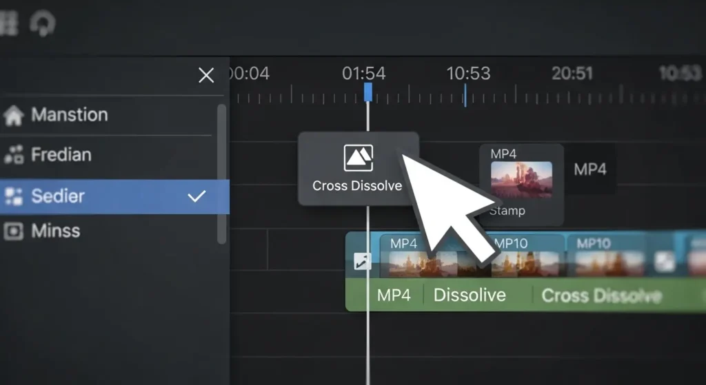 2つの動画の間にトランジション効果を追加する様子