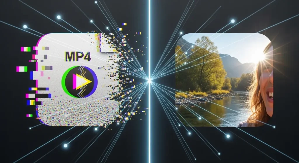 破損したMP4動画が修復されるイメージ