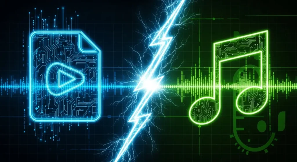 動画から音声への変換が素早く完了する様子を表現。