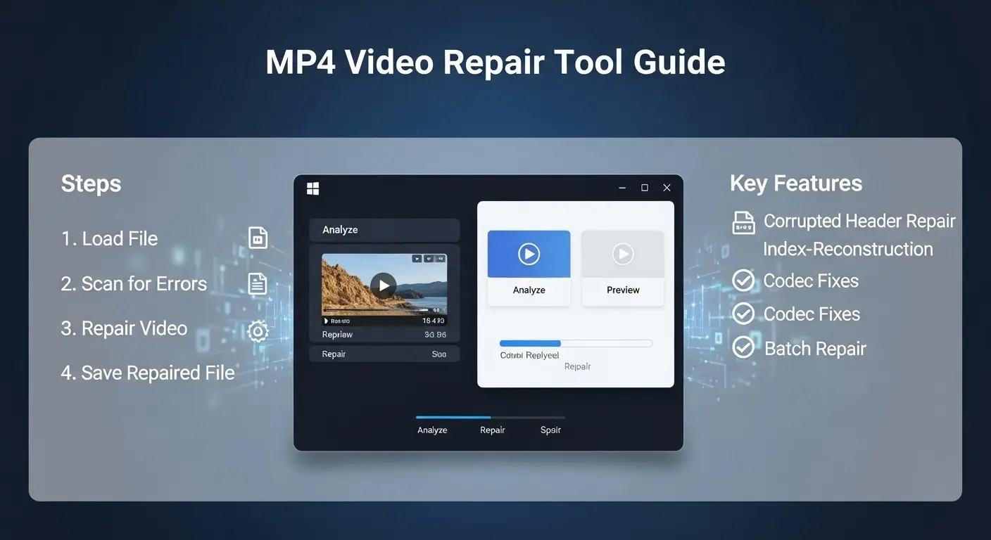 破損したMP4動画ファイルを修復するツールの操作画面と復元プロセス