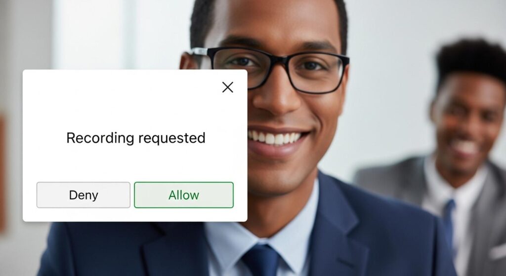 オンライン会議で録音の許可を求めるビジネスパーソン