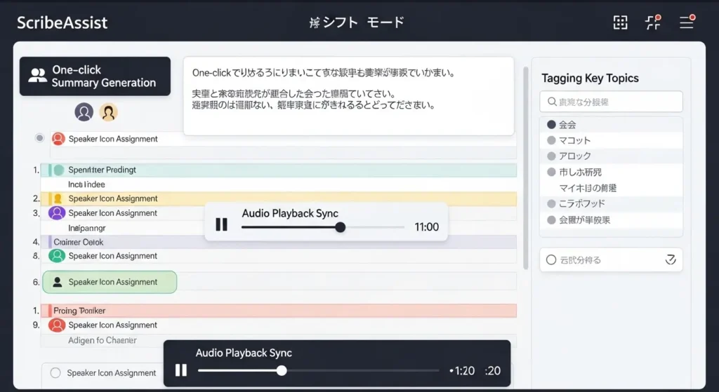 ScribeAssistの編集画面と自動要約機能のインターフェース