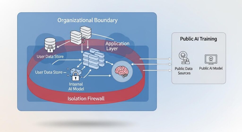 組織内データとAI学習が隔離されていることを示すセキュリティ構造図