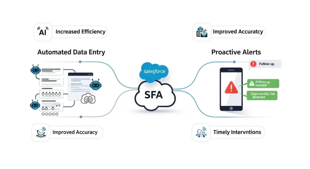 既存のSFAとAIが連携し、営業報告を自動化するワークフロー図