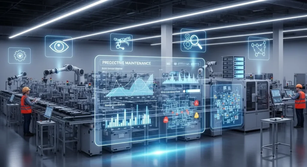 AIエージェントが監視するスマート工場のイメージ