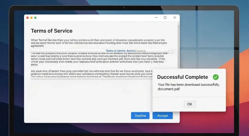 ソフトウェアの利用規約画面と安全なダウンロードの通知