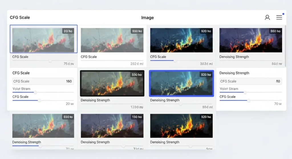 CFGスケールとノイズ除去強度の数値を変更した際の生成画像の変化を示す比較画面