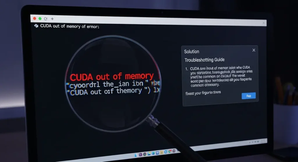 ターミナルに表示された赤文字のCUDAエラーを拡大鏡で確認し解決策のウィンドウが重なっている画面