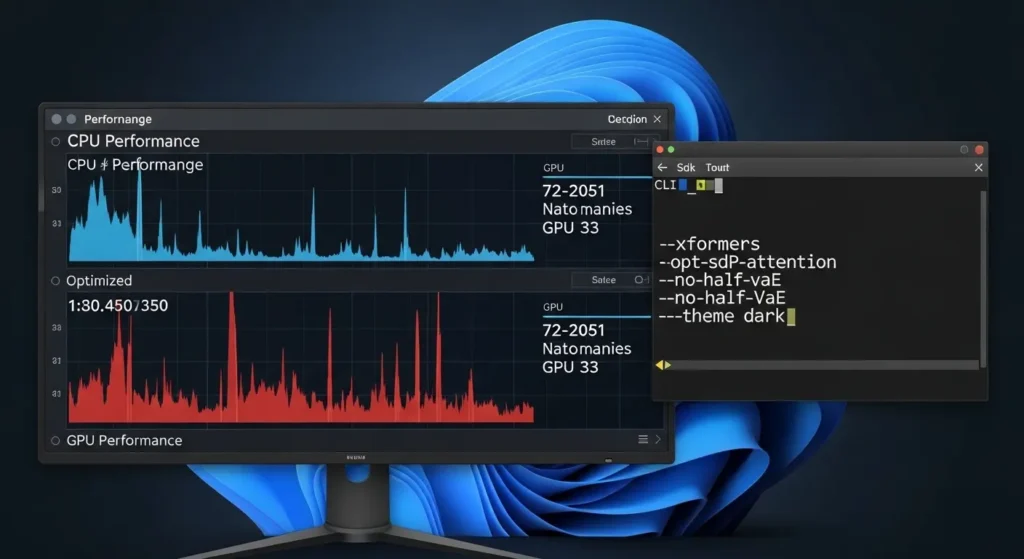 CPUとGPUの使用率が最適化されたパフォーマンスモニターとxformersなどの起動引数を入力するメモ帳の画面