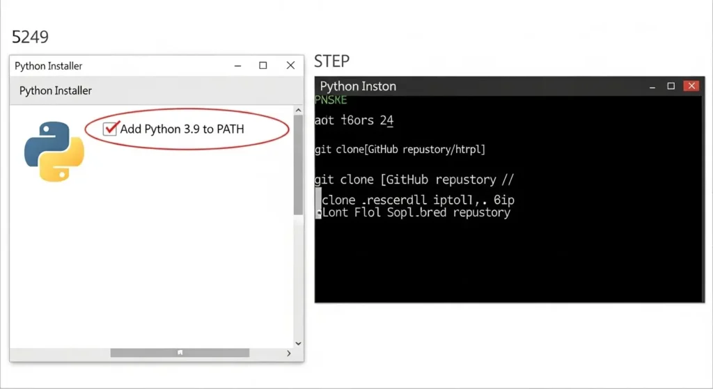 Pythonのインストール画面でAdd Python to PATHをチェックする様子とターミナルでのgit clone実行画面