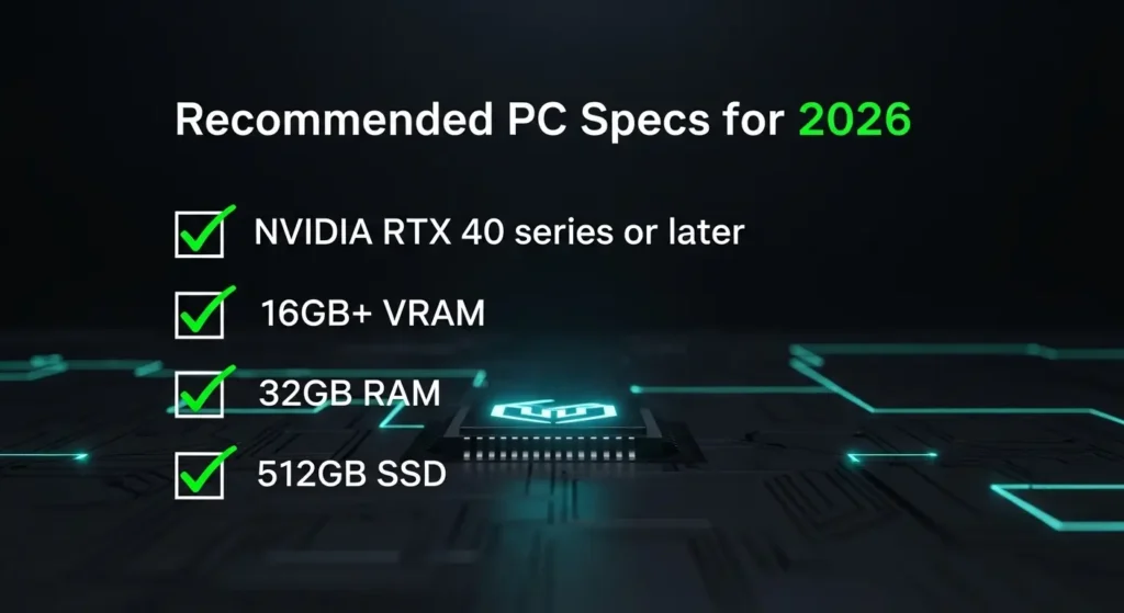 2026年版のStable Diffusion推奨PCスペック（RTX40シリーズ、VRAM16GB以上、メモリ32GB、SSD512GB）のチェックリスト