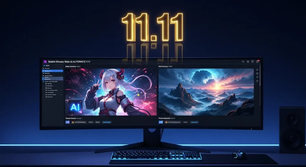 Stable Diffusion Web UI AUTOMATIC1111の操作画面にアニメ美少女と風景画像が表示されている様子