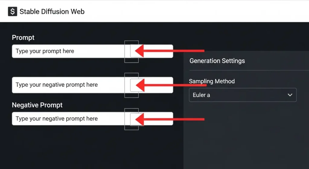 Stable Diffusion Web UIの操作画面でプロンプト、ネガティブプロンプト、サンプリング方法を指し示す図