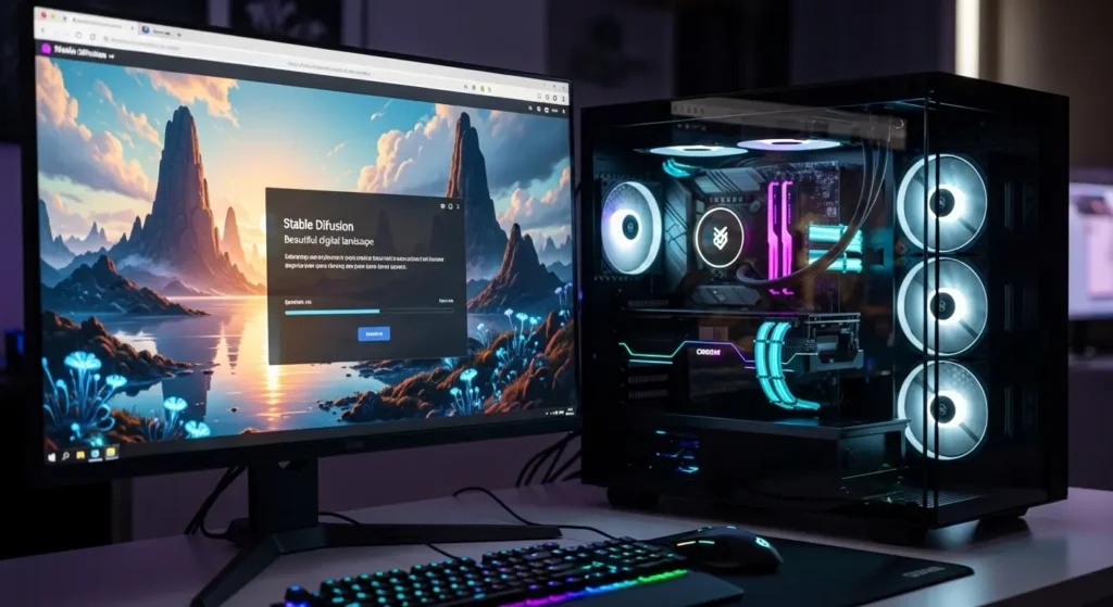 Stable Diffusion Web UIのインストール画面と生成された画像を表示するPC