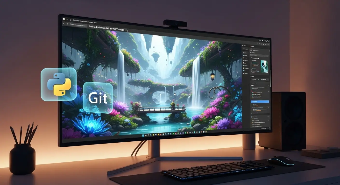 最新のPCモニターに表示されたStable Diffusion Web UIのインストール画面と生成画像
