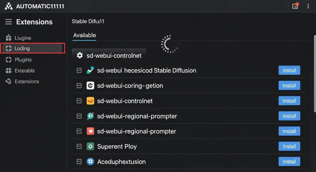 AUTOMATIC1111のExtensionsタブからControlNetなどの拡張機能リストを読み込んでいる操作画面