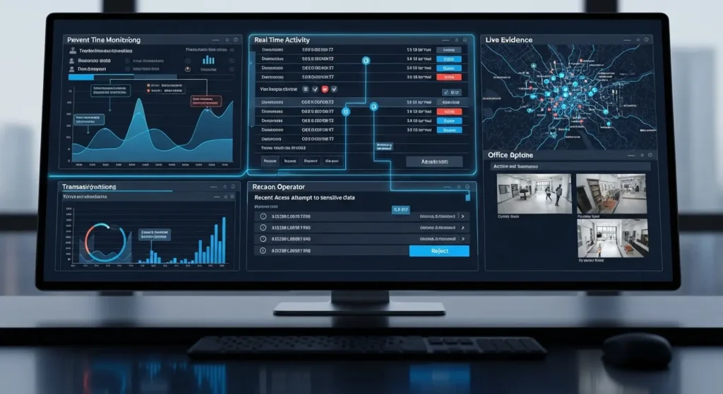 社員の行動ログや機密データへのアクセス状況をリアルタイムで監視する統合セキュリティ画面