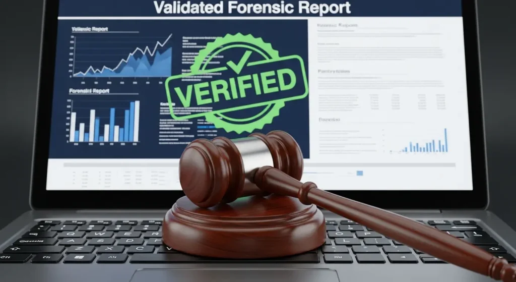 ノートパソコンのキーボードの上に置かれた裁判の木槌と、画面に表示された「Verified」刻印入りの検証済みフォレンジック報告書