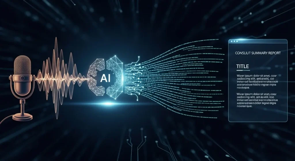 音声がAIによってテキスト化され、要約される仕組みの図解
