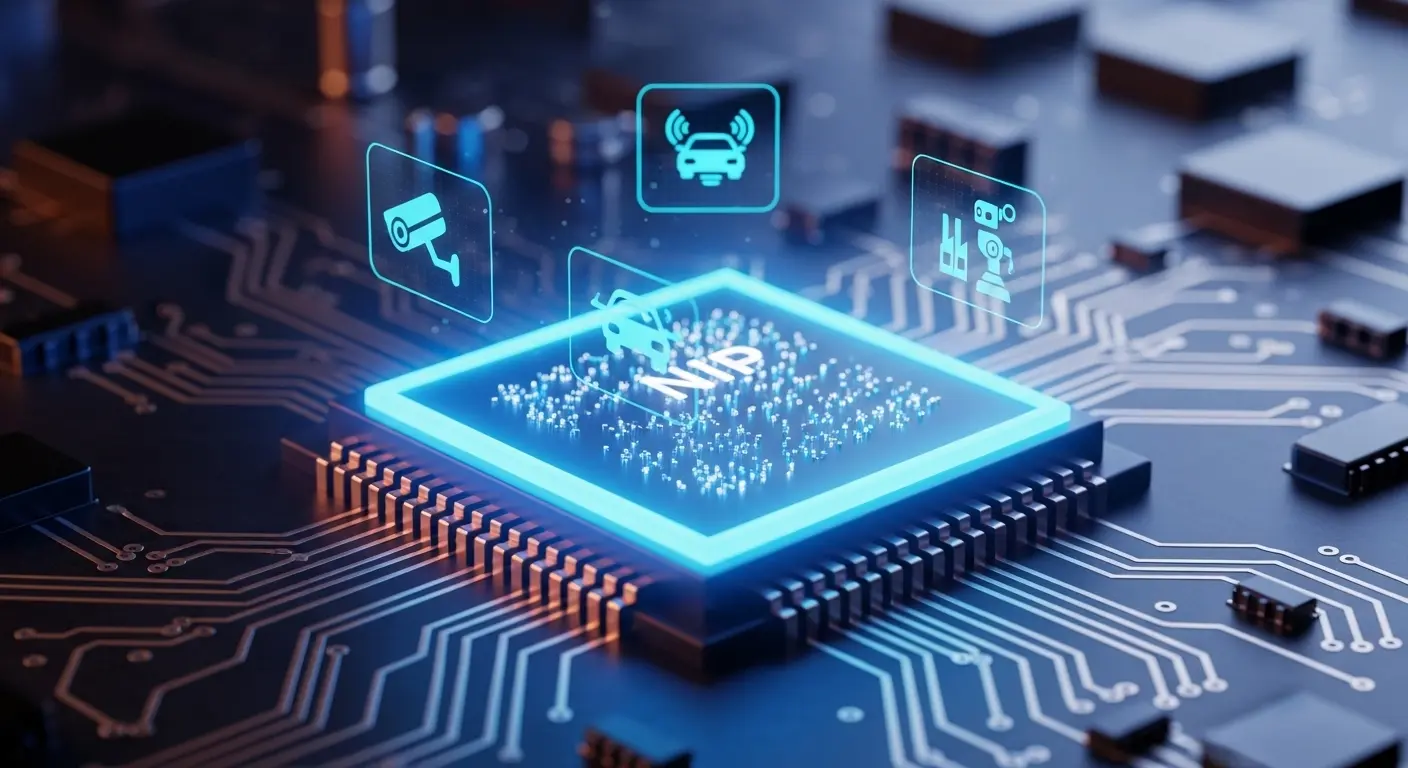 エッジAIのチップと活用分野を象徴する回路基板のイメージ