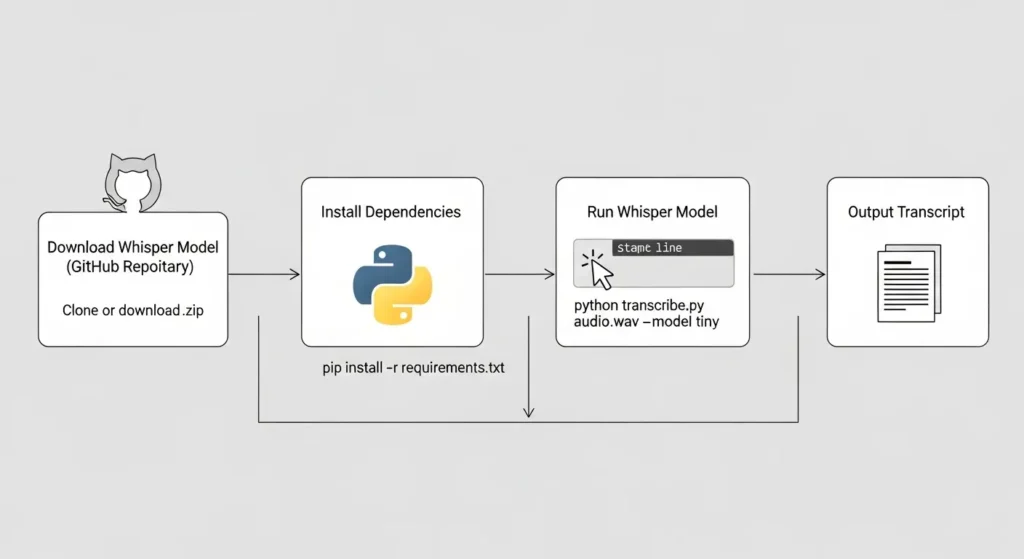 無料のAI文字起こしソフトWhisperの設定フロー図