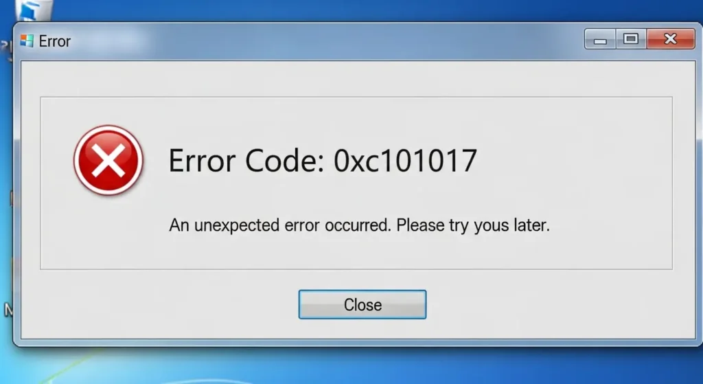 エラーコード0xc1010117の表示画面