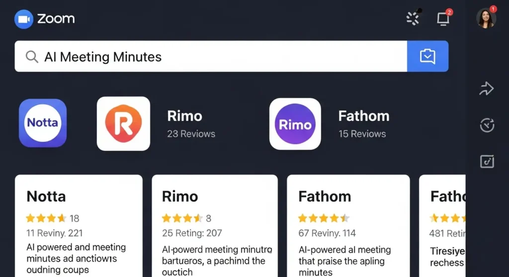 ZoomアプリマーケットプレイスでのAI議事録ツール検索画面