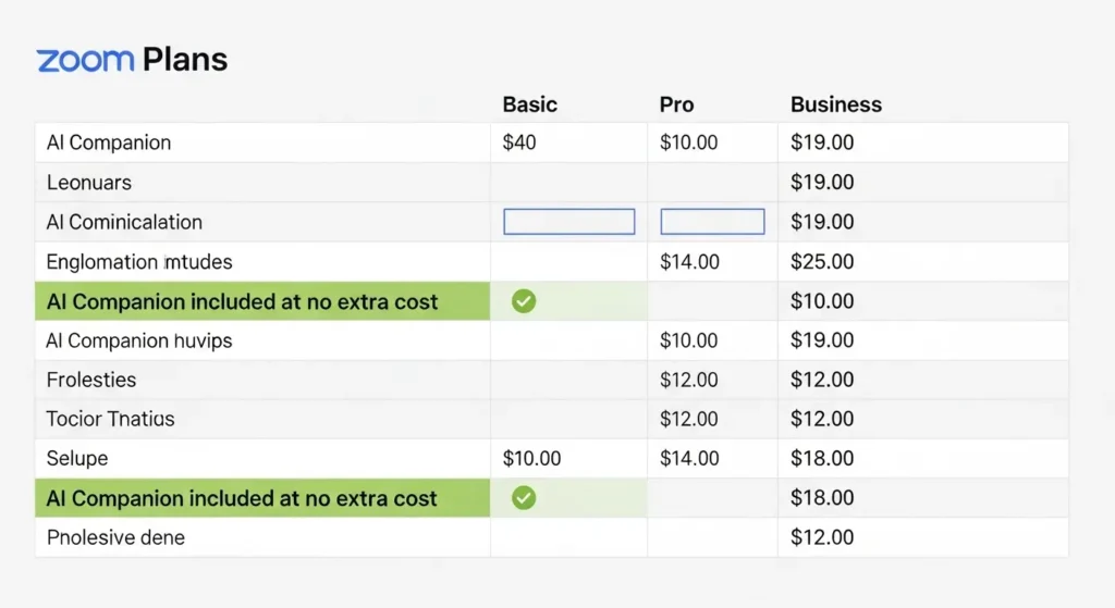 Zoom有料プランに付帯するAIコンパニオンの料金説明