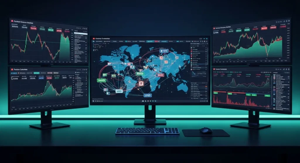 FXと暗号資産市場を監視するAIトレードシステムのイメージ