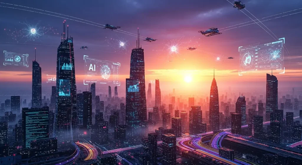 AI技術の統合がもたらす明るい未来の都市イメージ