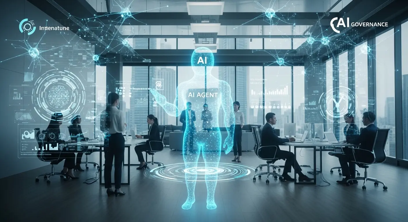 AIエージェントと人間が共創する未来のオフィスとデジタルネットワークのイメージ