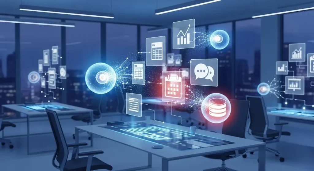 AIエージェントがビジネスソフトウェアと連携し業務を実行するイメージ