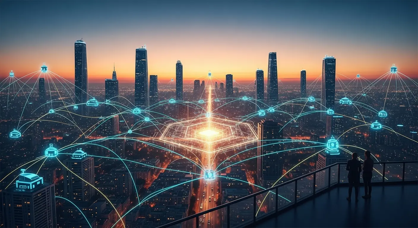 現代都市全体がニューラルネットワークで繋がった、AIエージェントの統合と共創を表現するアイキャッチ画像