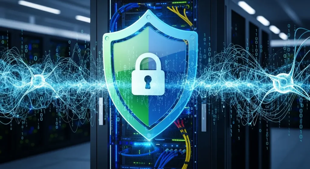 AIエージェントのセキュリティ対策を象徴するシールドとサーバー