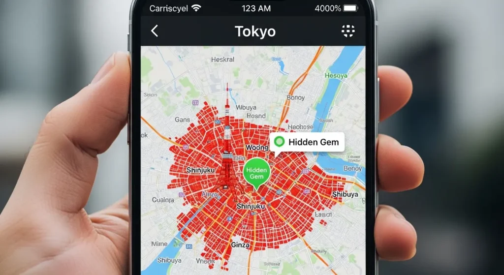 AIによるリアルタイム混雑予測を表示する旅行アプリの画面