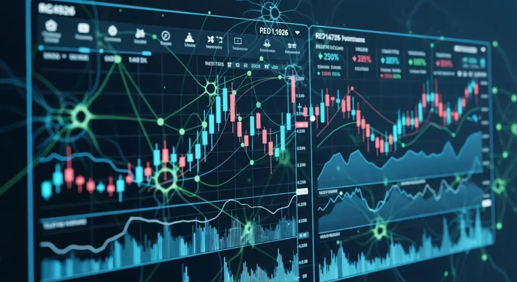 AI投資戦略を視覚化したニューラルネットワークと株価チャート