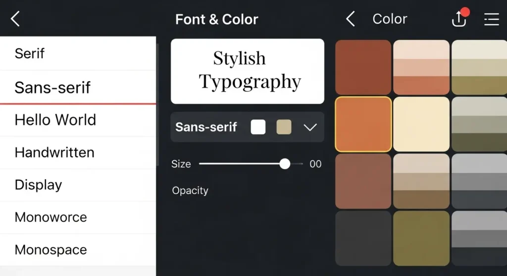 動画編集アプリ内のフォントと色のカスタマイズ画面