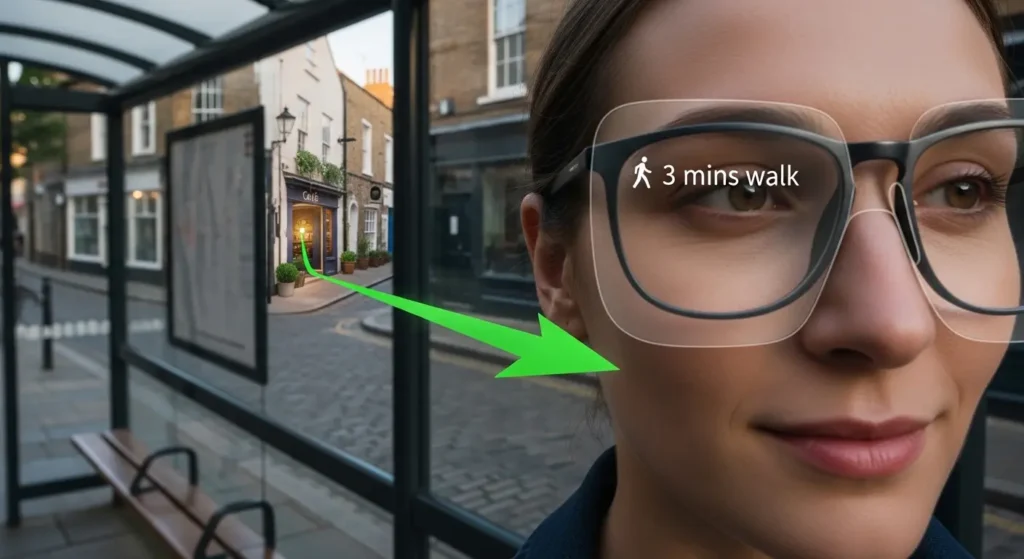 バス停から目的地までのルートをARナビで確認する様子