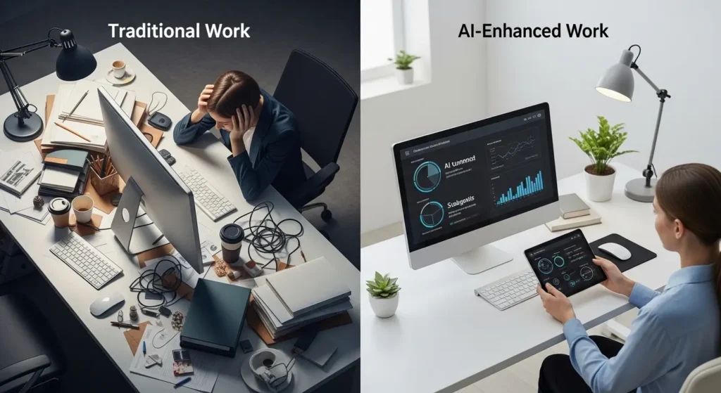 AIエージェント導入前後の業務効率の比較イメージ
