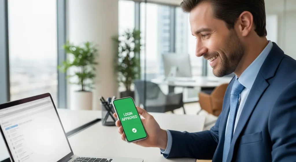 多要素認証によって安全に業務を行うビジネスパーソンの様子